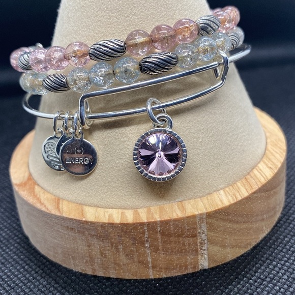 Alex & Ani Set of 3/Silver&Crystal Beaded & October Birthstone Charm Bangles/GC - Picture 2 of 9